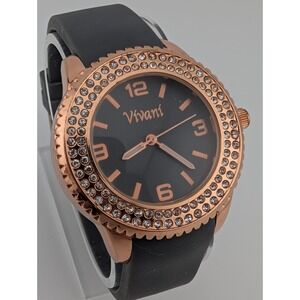 Vivani Watch Women 39mm Rose Gold Case Crystals Gray Silicone Band- New Battery